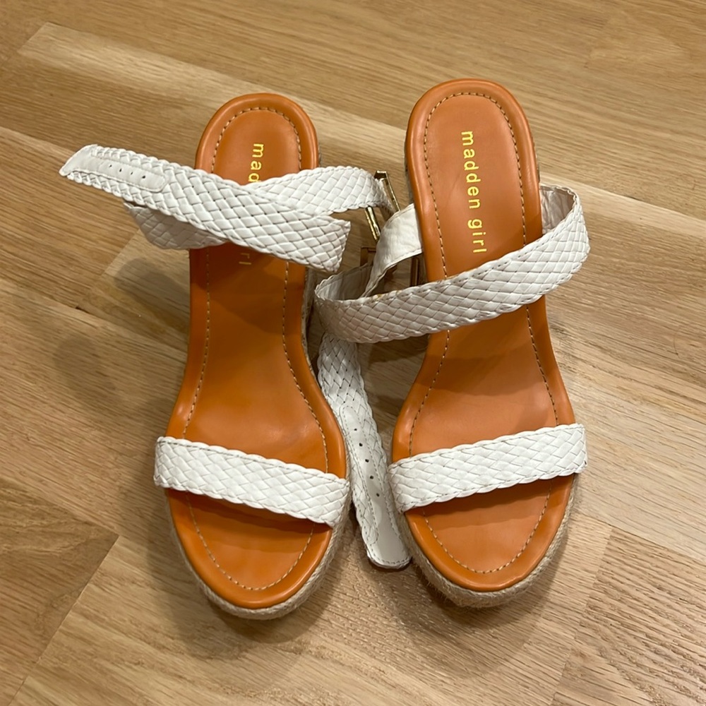 White ankle strap wedge with woven platform size 9